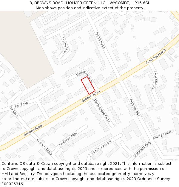 8, BROWNS ROAD, HOLMER GREEN, HIGH WYCOMBE, HP15 6SL: Location map and indicative extent of plot