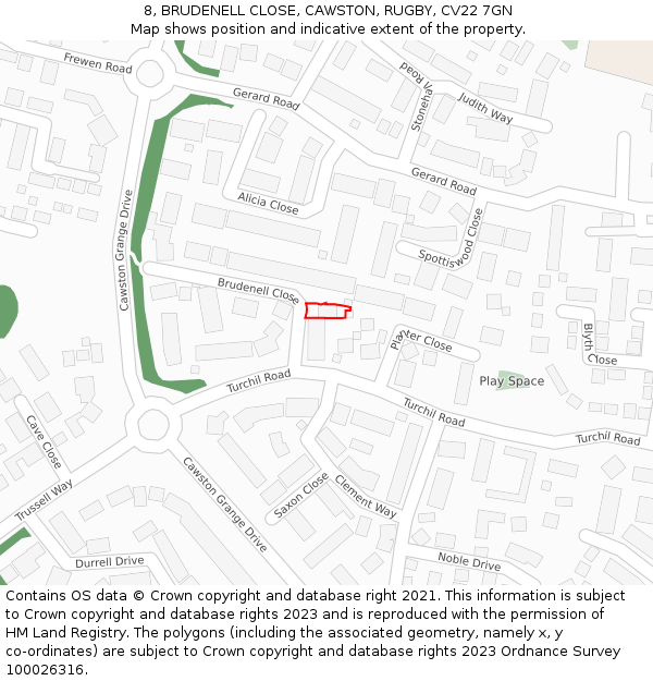 8, BRUDENELL CLOSE, CAWSTON, RUGBY, CV22 7GN: Location map and indicative extent of plot