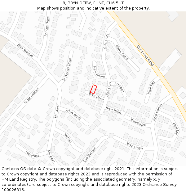 8, BRYN DERW, FLINT, CH6 5UT: Location map and indicative extent of plot