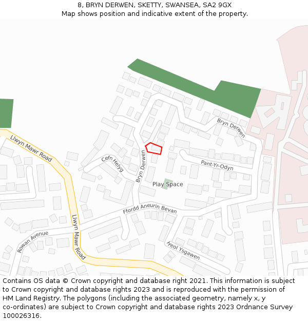 8, BRYN DERWEN, SKETTY, SWANSEA, SA2 9GX: Location map and indicative extent of plot