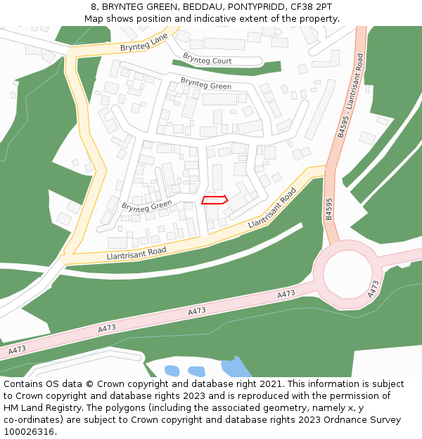 8, BRYNTEG GREEN, BEDDAU, PONTYPRIDD, CF38 2PT: Location map and indicative extent of plot