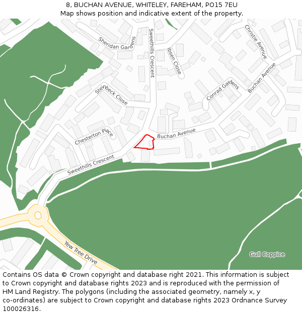 8, BUCHAN AVENUE, WHITELEY, FAREHAM, PO15 7EU: Location map and indicative extent of plot