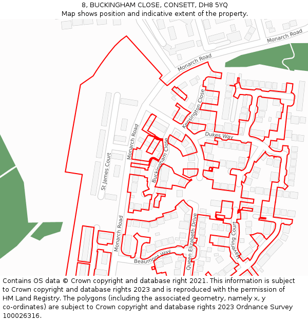 8, BUCKINGHAM CLOSE, CONSETT, DH8 5YQ: Location map and indicative extent of plot