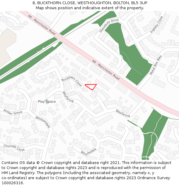 8, BUCKTHORN CLOSE, WESTHOUGHTON, BOLTON, BL5 3UP: Location map and indicative extent of plot