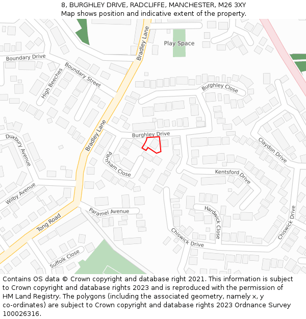 8, BURGHLEY DRIVE, RADCLIFFE, MANCHESTER, M26 3XY: Location map and indicative extent of plot