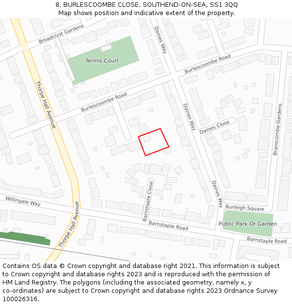 8, BURLESCOOMBE CLOSE, SOUTHEND-ON-SEA, SS1 3QQ: Location map and indicative extent of plot