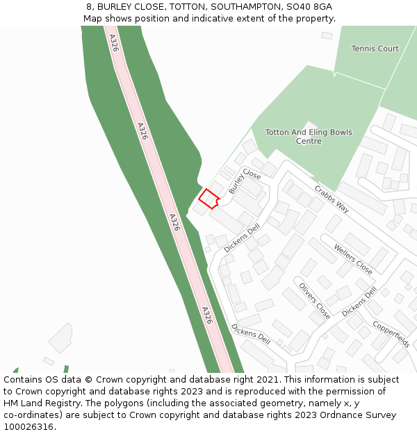 8, BURLEY CLOSE, TOTTON, SOUTHAMPTON, SO40 8GA: Location map and indicative extent of plot