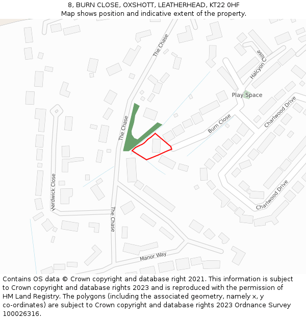 8, BURN CLOSE, OXSHOTT, LEATHERHEAD, KT22 0HF: Location map and indicative extent of plot