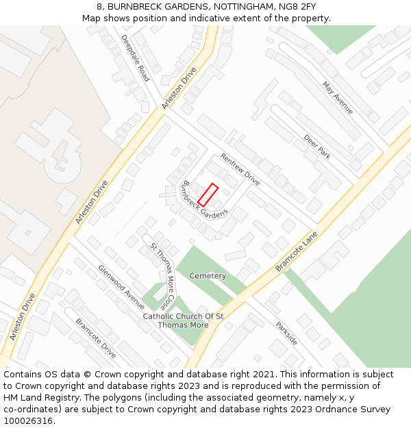 8, BURNBRECK GARDENS, NOTTINGHAM, NG8 2FY: Location map and indicative extent of plot