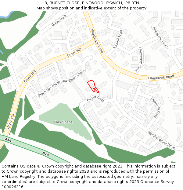 8, BURNET CLOSE, PINEWOOD, IPSWICH, IP8 3TN: Location map and indicative extent of plot