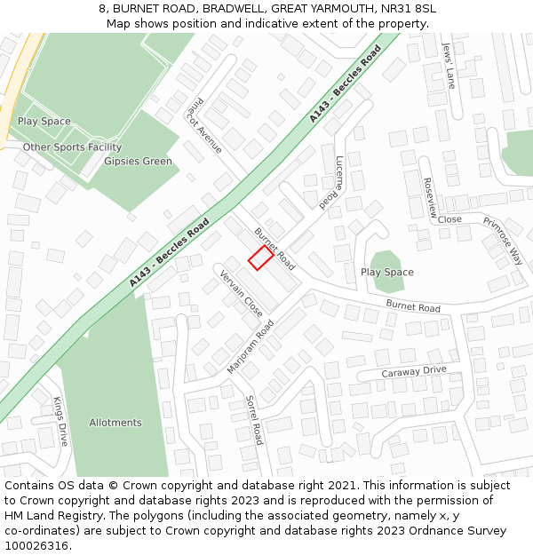 8, BURNET ROAD, BRADWELL, GREAT YARMOUTH, NR31 8SL: Location map and indicative extent of plot