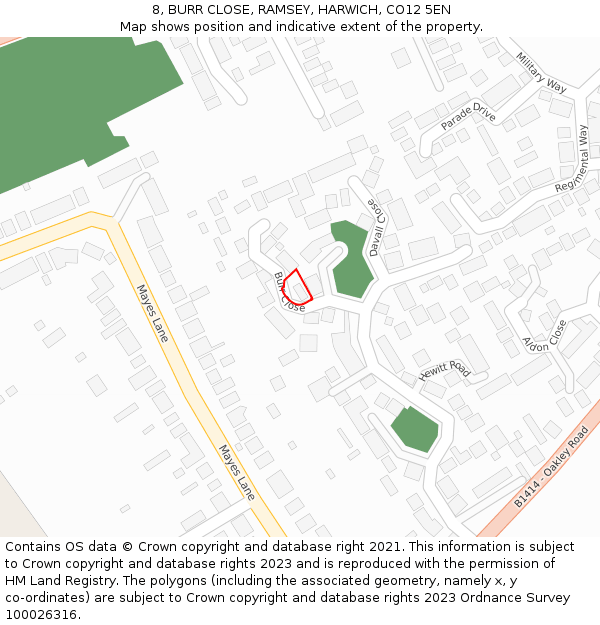 8, BURR CLOSE, RAMSEY, HARWICH, CO12 5EN: Location map and indicative extent of plot