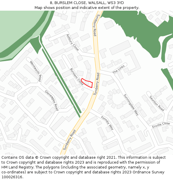 8, BURSLEM CLOSE, WALSALL, WS3 3YD: Location map and indicative extent of plot