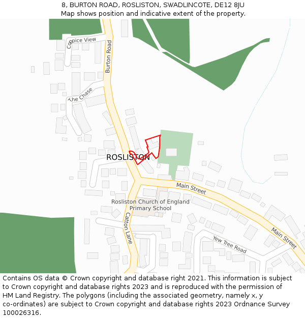 8, BURTON ROAD, ROSLISTON, SWADLINCOTE, DE12 8JU: Location map and indicative extent of plot