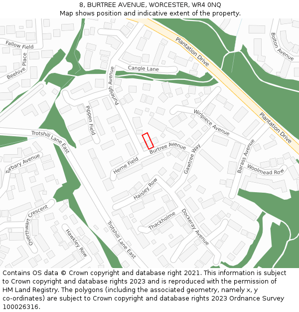 8, BURTREE AVENUE, WORCESTER, WR4 0NQ: Location map and indicative extent of plot