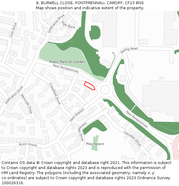 8, BURWELL CLOSE, PONTPRENNAU, CARDIFF, CF23 8NS: Location map and indicative extent of plot