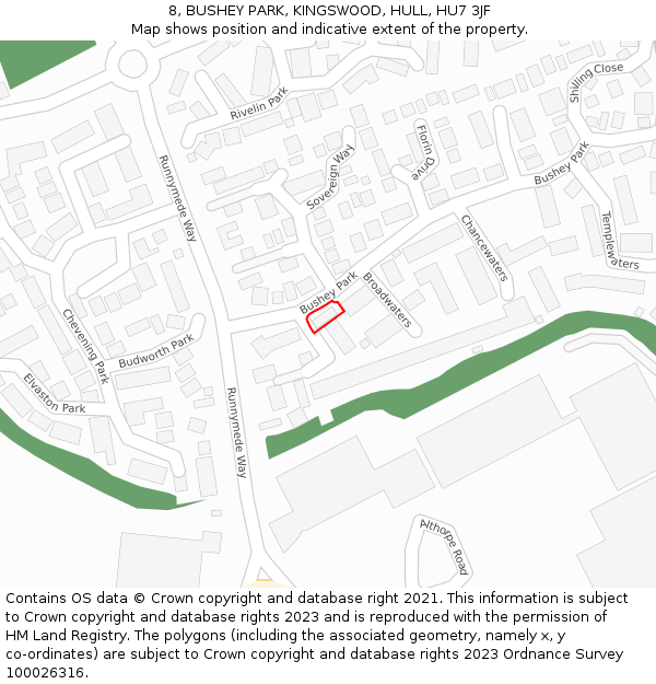 8, BUSHEY PARK, KINGSWOOD, HULL, HU7 3JF: Location map and indicative extent of plot