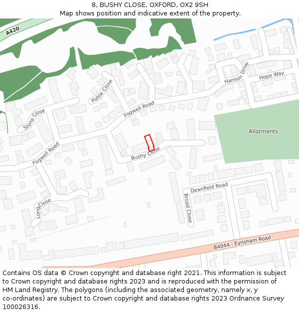 8, BUSHY CLOSE, OXFORD, OX2 9SH: Location map and indicative extent of plot