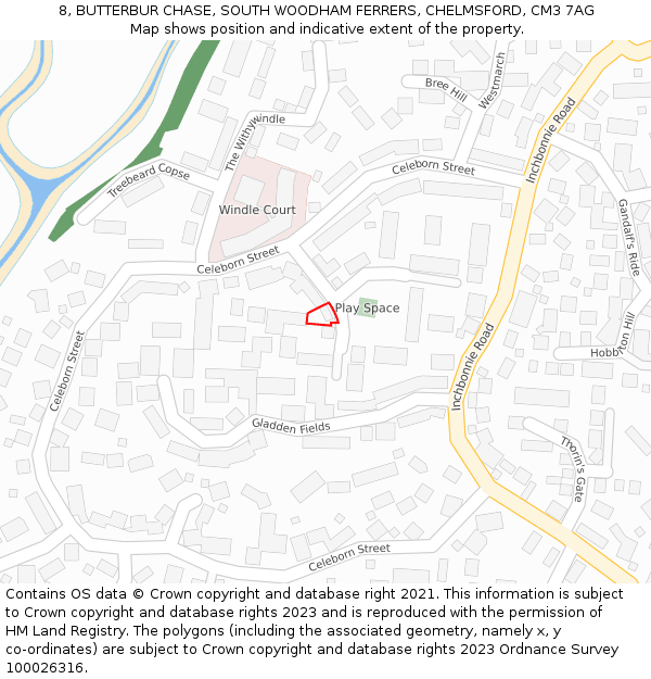 8, BUTTERBUR CHASE, SOUTH WOODHAM FERRERS, CHELMSFORD, CM3 7AG: Location map and indicative extent of plot