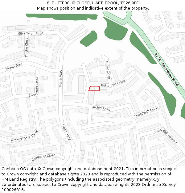 8, BUTTERCUP CLOSE, HARTLEPOOL, TS26 0FE: Location map and indicative extent of plot