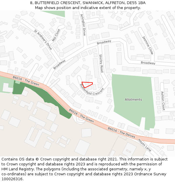 8, BUTTERFIELD CRESCENT, SWANWICK, ALFRETON, DE55 1BA: Location map and indicative extent of plot