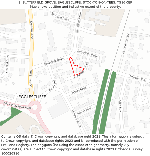 8, BUTTERFIELD GROVE, EAGLESCLIFFE, STOCKTON-ON-TEES, TS16 0EF: Location map and indicative extent of plot