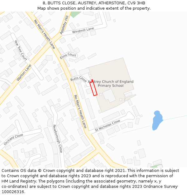8, BUTTS CLOSE, AUSTREY, ATHERSTONE, CV9 3HB: Location map and indicative extent of plot