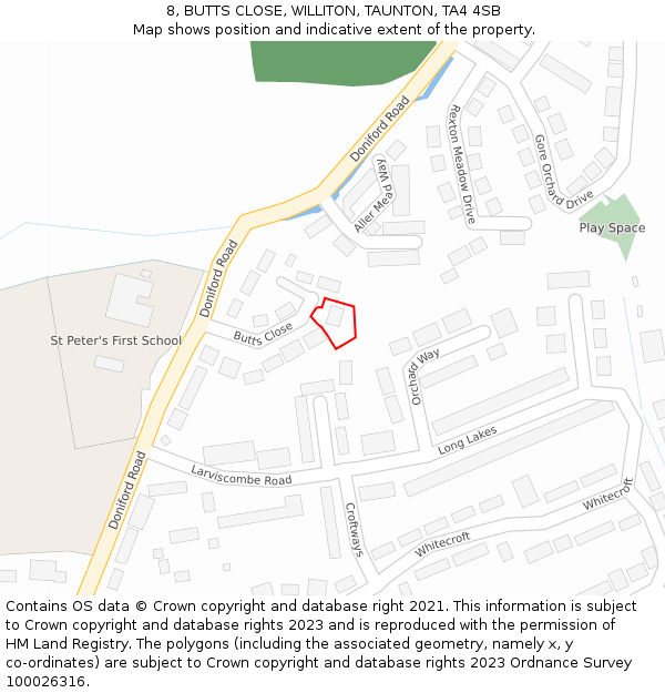 8, BUTTS CLOSE, WILLITON, TAUNTON, TA4 4SB: Location map and indicative extent of plot