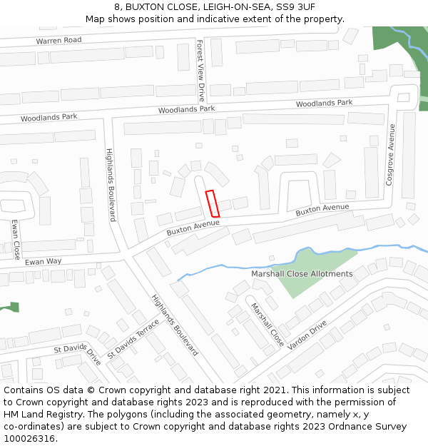 8, BUXTON CLOSE, LEIGH-ON-SEA, SS9 3UF: Location map and indicative extent of plot