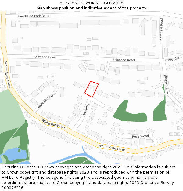 8, BYLANDS, WOKING, GU22 7LA: Location map and indicative extent of plot