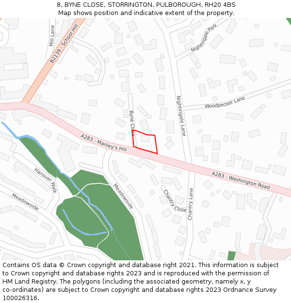 8, BYNE CLOSE, STORRINGTON, PULBOROUGH, RH20 4BS: Location map and indicative extent of plot