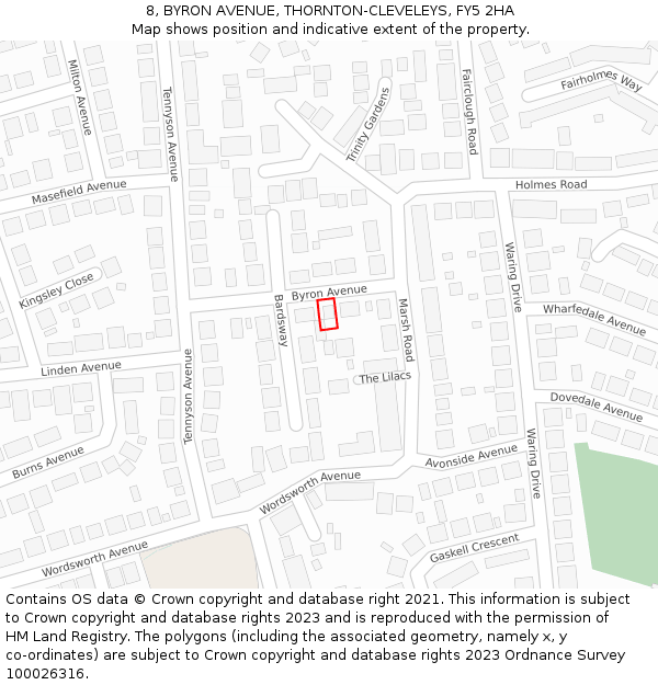 8, BYRON AVENUE, THORNTON-CLEVELEYS, FY5 2HA: Location map and indicative extent of plot