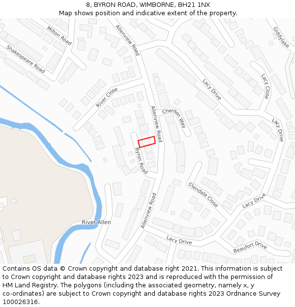 8, BYRON ROAD, WIMBORNE, BH21 1NX: Location map and indicative extent of plot