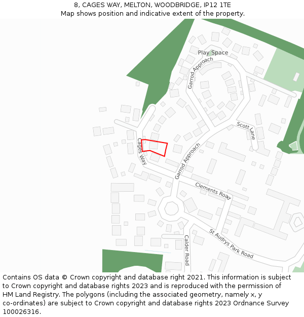 8, CAGES WAY, MELTON, WOODBRIDGE, IP12 1TE: Location map and indicative extent of plot