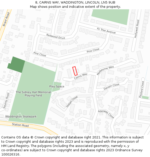 8, CAIRNS WAY, WADDINGTON, LINCOLN, LN5 9UB: Location map and indicative extent of plot