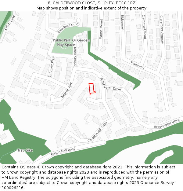 8, CALDERWOOD CLOSE, SHIPLEY, BD18 1PZ: Location map and indicative extent of plot