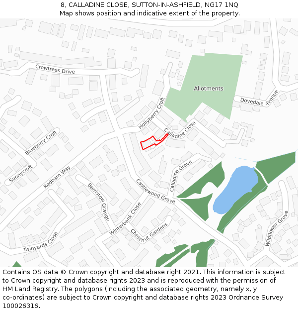 8, CALLADINE CLOSE, SUTTON-IN-ASHFIELD, NG17 1NQ: Location map and indicative extent of plot