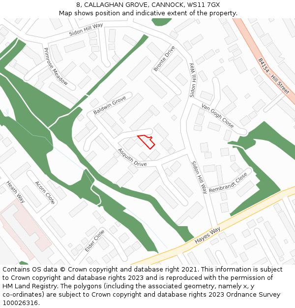 8, CALLAGHAN GROVE, CANNOCK, WS11 7GX: Location map and indicative extent of plot