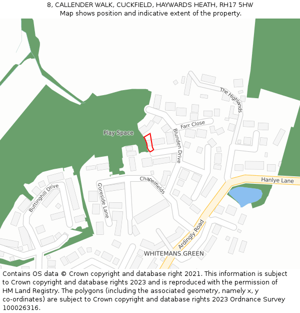8, CALLENDER WALK, CUCKFIELD, HAYWARDS HEATH, RH17 5HW: Location map and indicative extent of plot