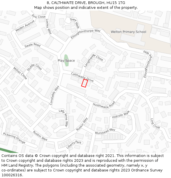 8, CALTHWAITE DRIVE, BROUGH, HU15 1TG: Location map and indicative extent of plot