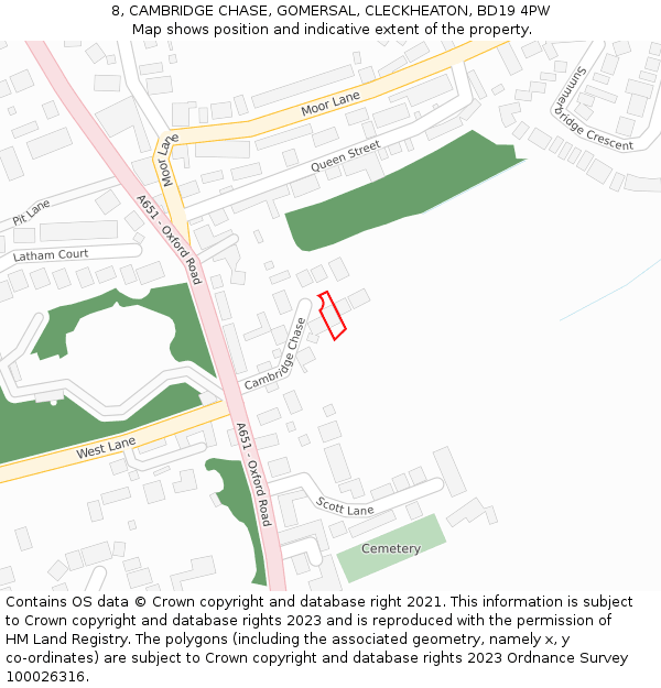 8, CAMBRIDGE CHASE, GOMERSAL, CLECKHEATON, BD19 4PW: Location map and indicative extent of plot