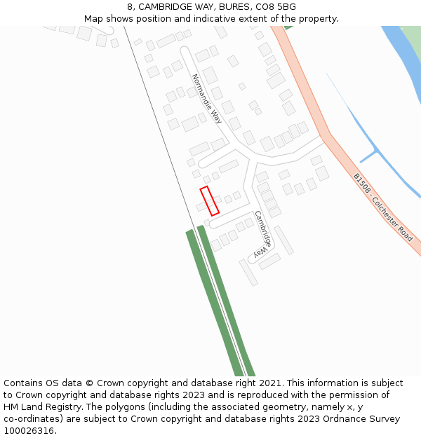 8, CAMBRIDGE WAY, BURES, CO8 5BG: Location map and indicative extent of plot