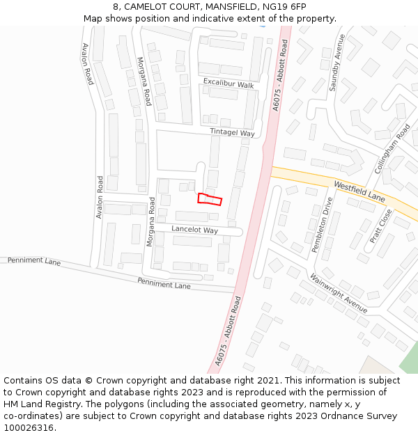 8, CAMELOT COURT, MANSFIELD, NG19 6FP: Location map and indicative extent of plot