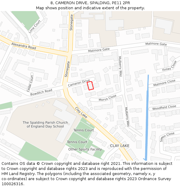 8, CAMERON DRIVE, SPALDING, PE11 2PR: Location map and indicative extent of plot