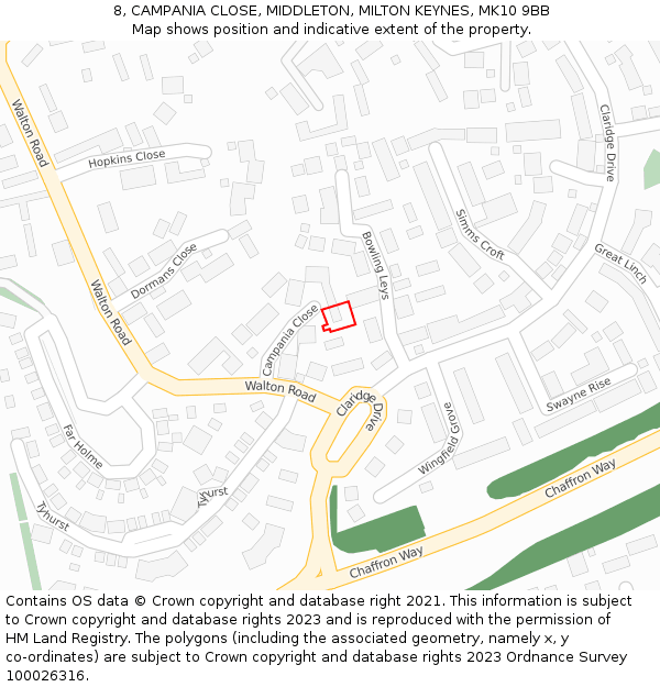 8, CAMPANIA CLOSE, MIDDLETON, MILTON KEYNES, MK10 9BB: Location map and indicative extent of plot