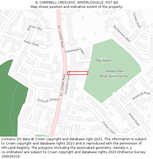 8, CAMPBELL CRESCENT, WATERLOOVILLE, PO7 5JX: Location map and indicative extent of plot