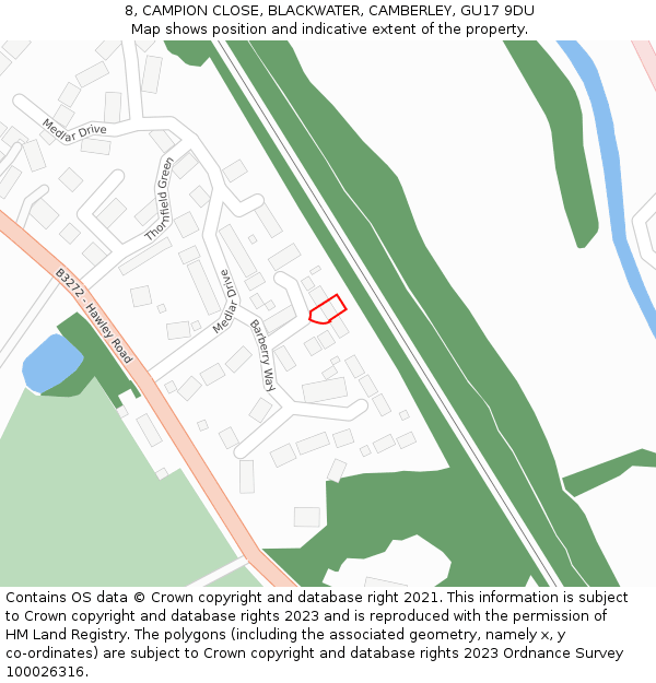 8, CAMPION CLOSE, BLACKWATER, CAMBERLEY, GU17 9DU: Location map and indicative extent of plot