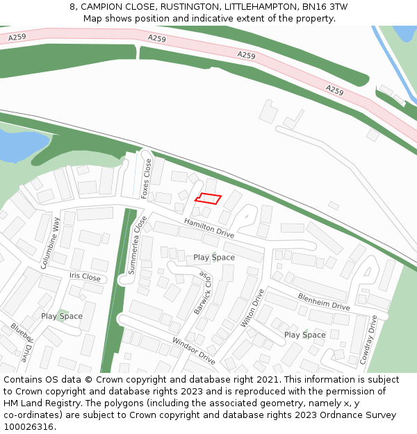 8, CAMPION CLOSE, RUSTINGTON, LITTLEHAMPTON, BN16 3TW: Location map and indicative extent of plot