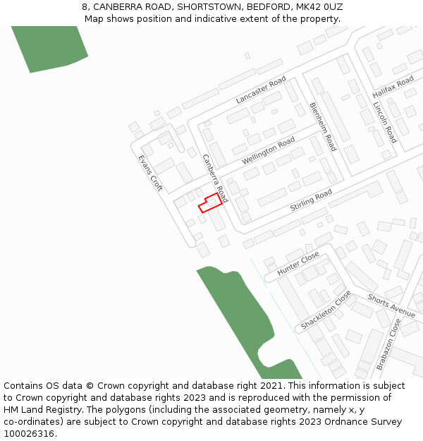 8, CANBERRA ROAD, SHORTSTOWN, BEDFORD, MK42 0UZ: Location map and indicative extent of plot