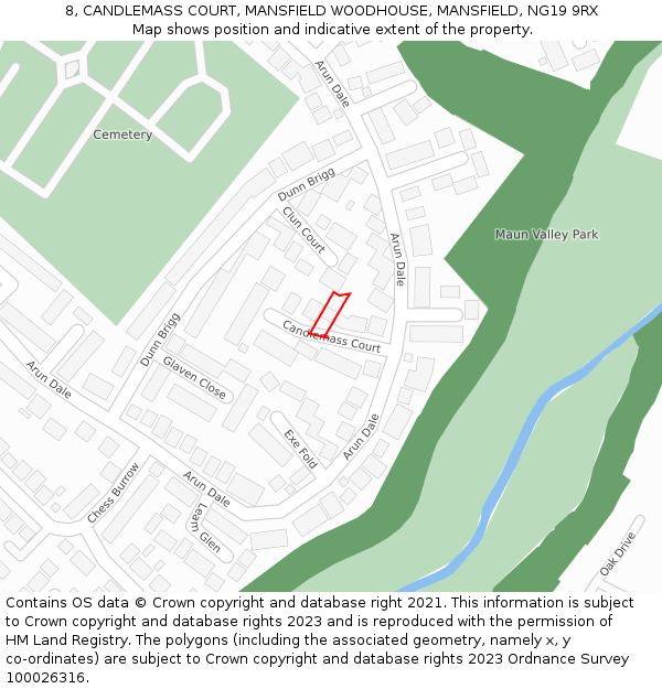 8, CANDLEMASS COURT, MANSFIELD WOODHOUSE, MANSFIELD, NG19 9RX: Location map and indicative extent of plot